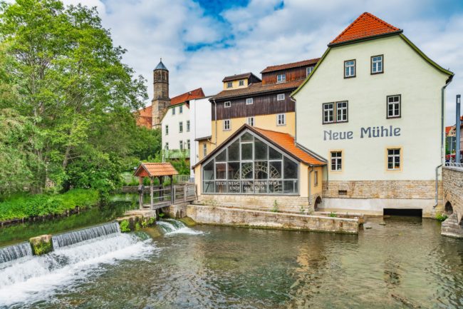 2C4HG1E On the river Gera, at the castle bridge in the old town of Erfurt, you will find the New Mill, Erfurt, Thuringia, Germany, Europe